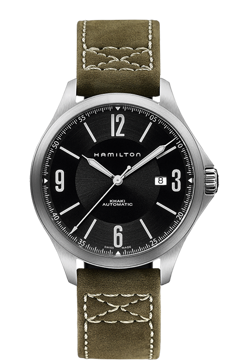 Khaki Aviation Automatic Black Dial Olive Leather Front View