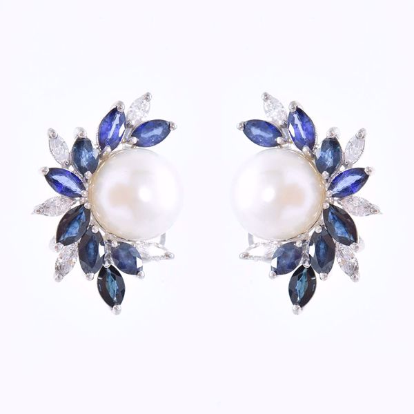 Picture of Fascinating Diamond & Sapphire Halo On Pearl Earrings
